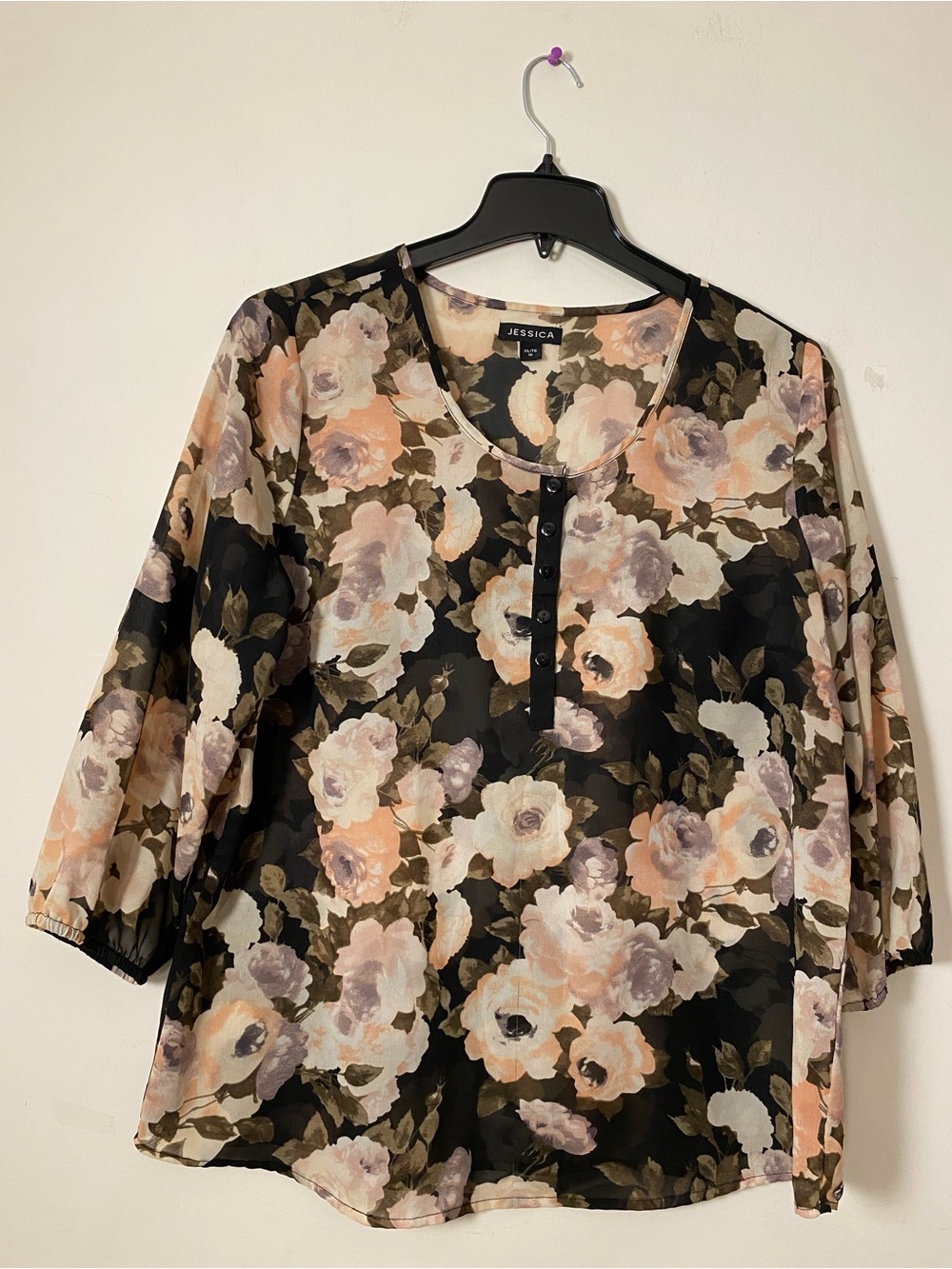 Jessica Black Floral Henley Blouse  with Peach & Cream Roses